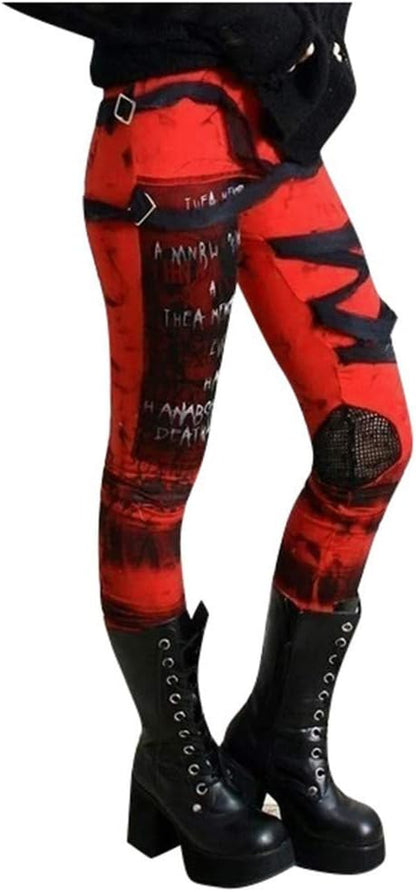 Gothic steampunk distressed skinny leggings with belt strap and retro tie dye pattern, designed for women.