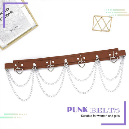 Brown heart-shaped PU leather waist chain belt by BODIY, featuring a trendy design perfect for women and girls as a rave accessory.