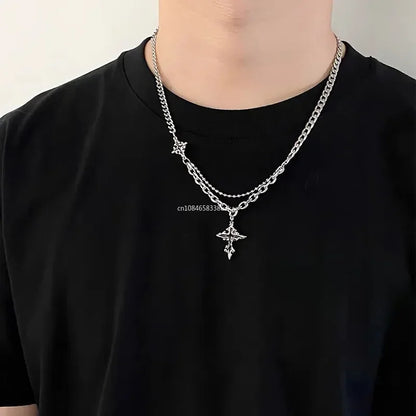 Silver Y2K grunge hip hop Halloween pendant necklace with cross chain for unisex style, featuring metallic metal design.
