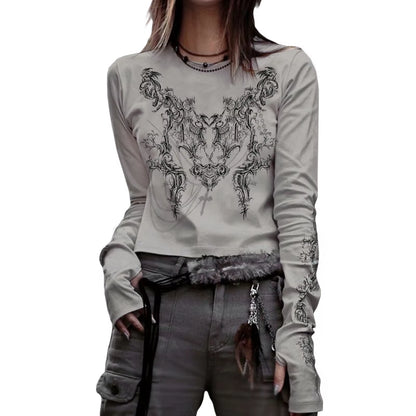 90s vintage emo grunge long sleeve T-shirt for women featuring graphic print, goth punk streetwear style, ideal for E-girl and Y2K fashion.