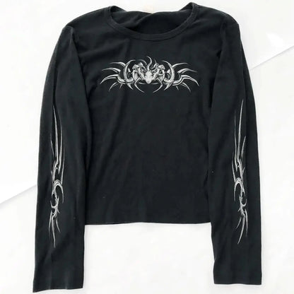 Women’s goth T-shirt with skull print, long sleeve O-neck crop top, trendy Y2K fashion casual goth tunic.