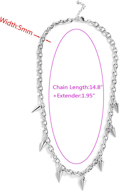 Tosmifairy edgy punk rock stainless steel spiked choker necklace with 7-piece Y2K goth jewelry set on a black background