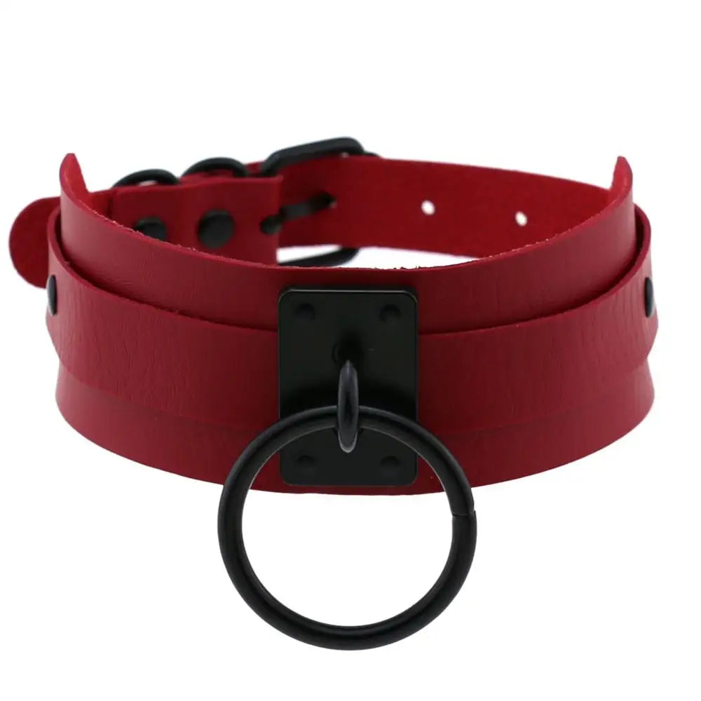 Gothic punk black leather choker necklace with metal O-ring, stylish for women and girls, 2023 Harajuku emo rock fashion jewelry