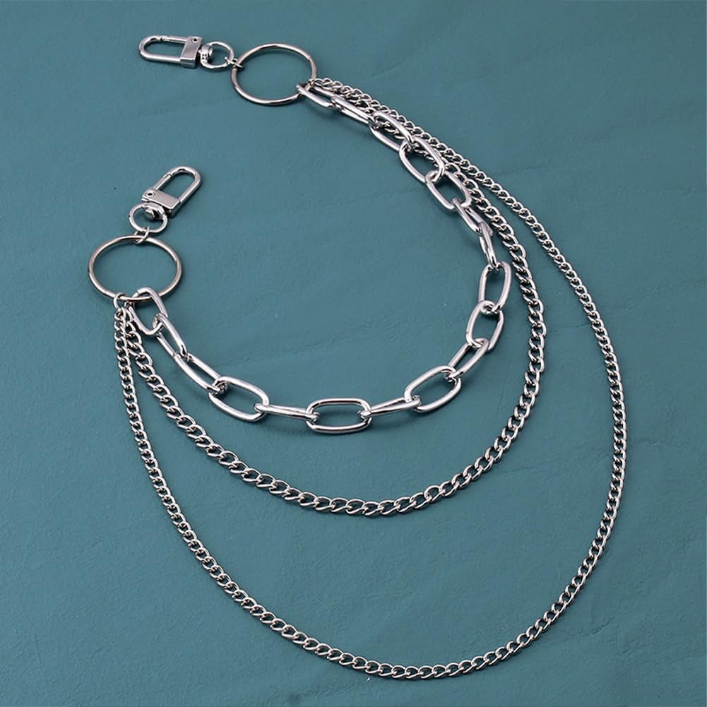 Silver layered punk chain by BEAMARKER, featuring wallet chain design for jeans, trousers, skirts, and festival outfits.