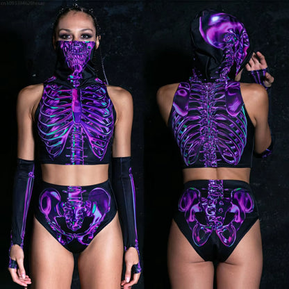 Psychedelic Cyberpunk Skull Rave Costume Set for Halloween & Dance Parties