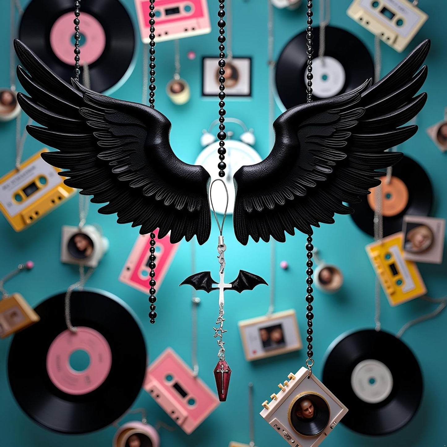 1Pc Black Winged Mobile Phone Chain Pendant,Decor,Goth Y2K Phone Charm Pendant, Kawaii-Key Chain for Bag,Cute Accessory Women Guitar Strap Lanyard Beaded Keychain Pendants,Accessories,Cell Phone Charms