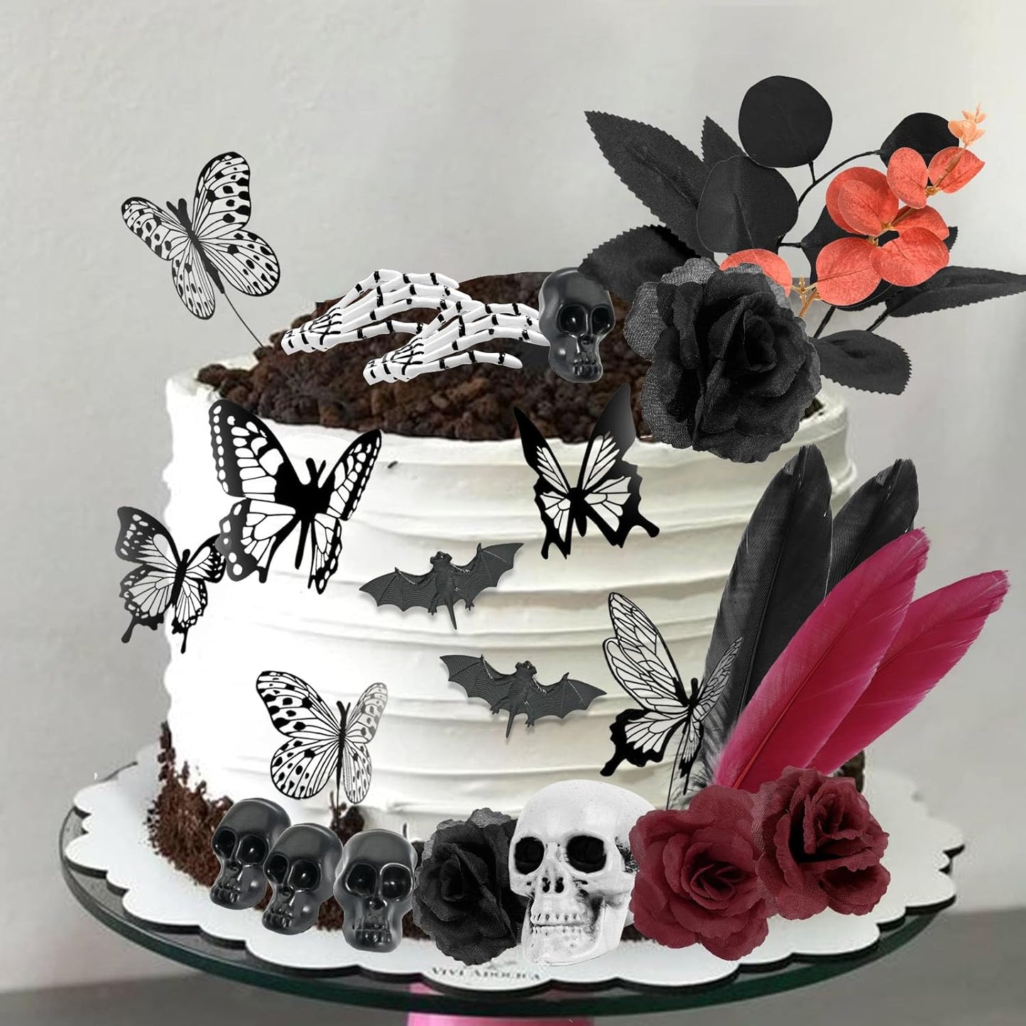 Gothic Cake Decorations - 26PCS Black Cake Toppers with Red Black Rose, Skull, Butterfly Cupcake Toppers for Goth Birthday, Wedding, Halloween