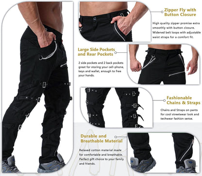 Black men's gothic cargo pants by PressureDen, featuring hiphop, rock, and punk-inspired design, suitable for casual hiking and riding.