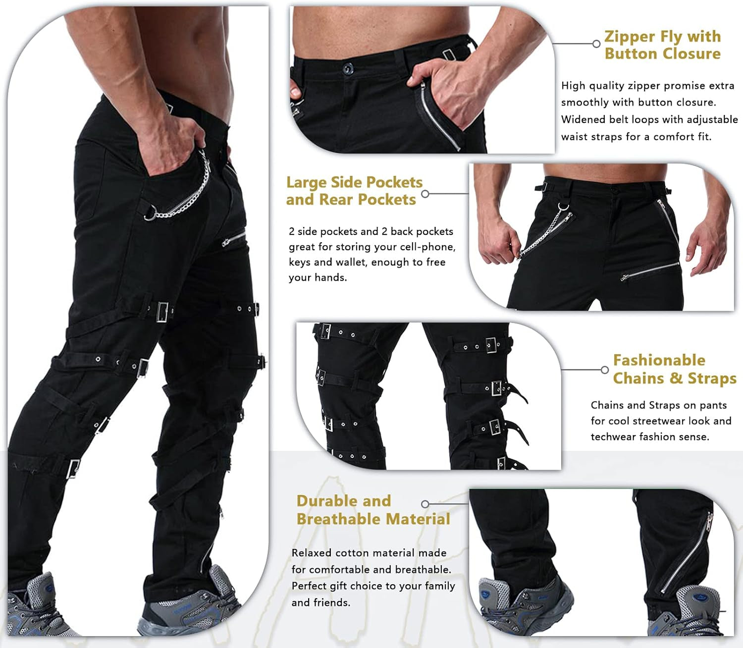 Black techwear cargo pants for men with hip-hop and punk style, suitable for sport, hiking, and riding, size 34.