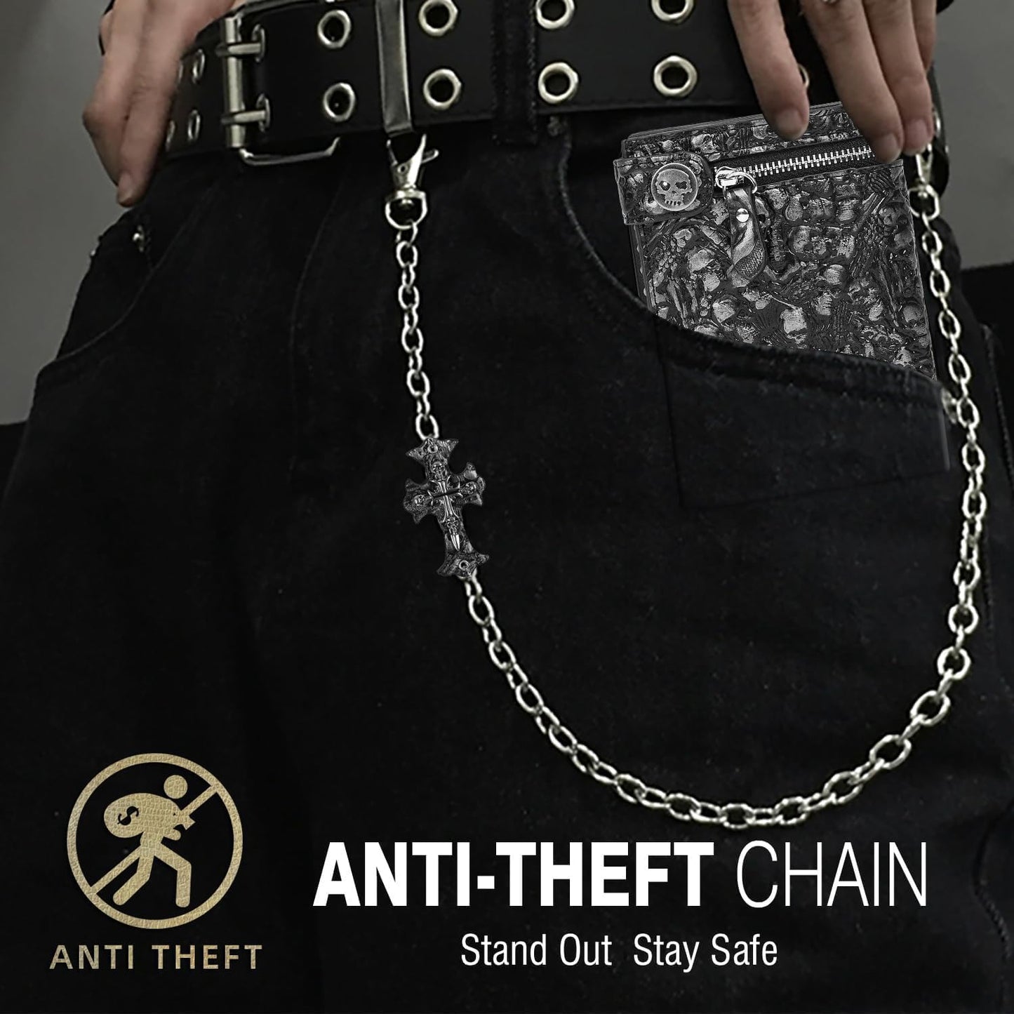 Girinme unisex gothic punk skull chain wallet with silver hardware, faux leather, bifold design, suitable for Halloween or everyday wear.