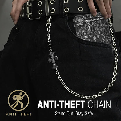 Girinme unisex gothic punk skull chain wallet with silver hardware, faux leather, bifold design, suitable for Halloween or everyday wear.