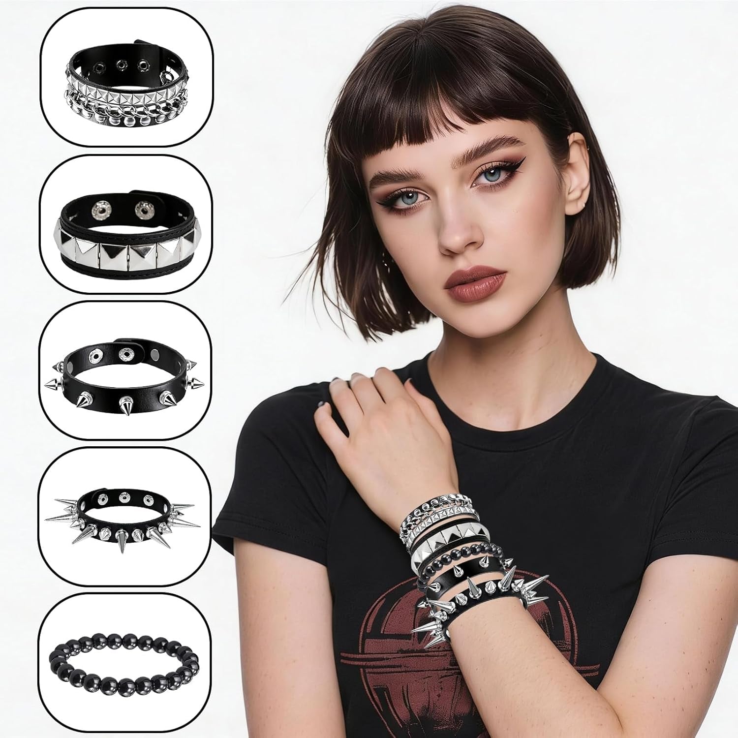 Black spiked bracelet set from KHRYPTXH featuring five adjustable gothic emo punk cuff jewelry pieces.