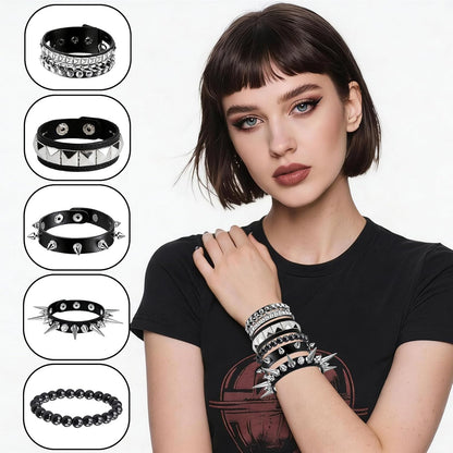 Black spiked bracelet set from KHRYPTXH featuring five adjustable gothic emo punk cuff jewelry pieces.