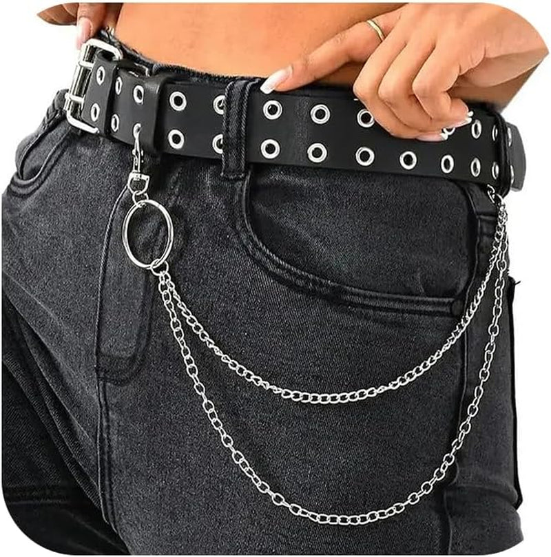 QWALIT punk chain belt for women featuring leather design, ideal for goth fashion and rave-style accessories.