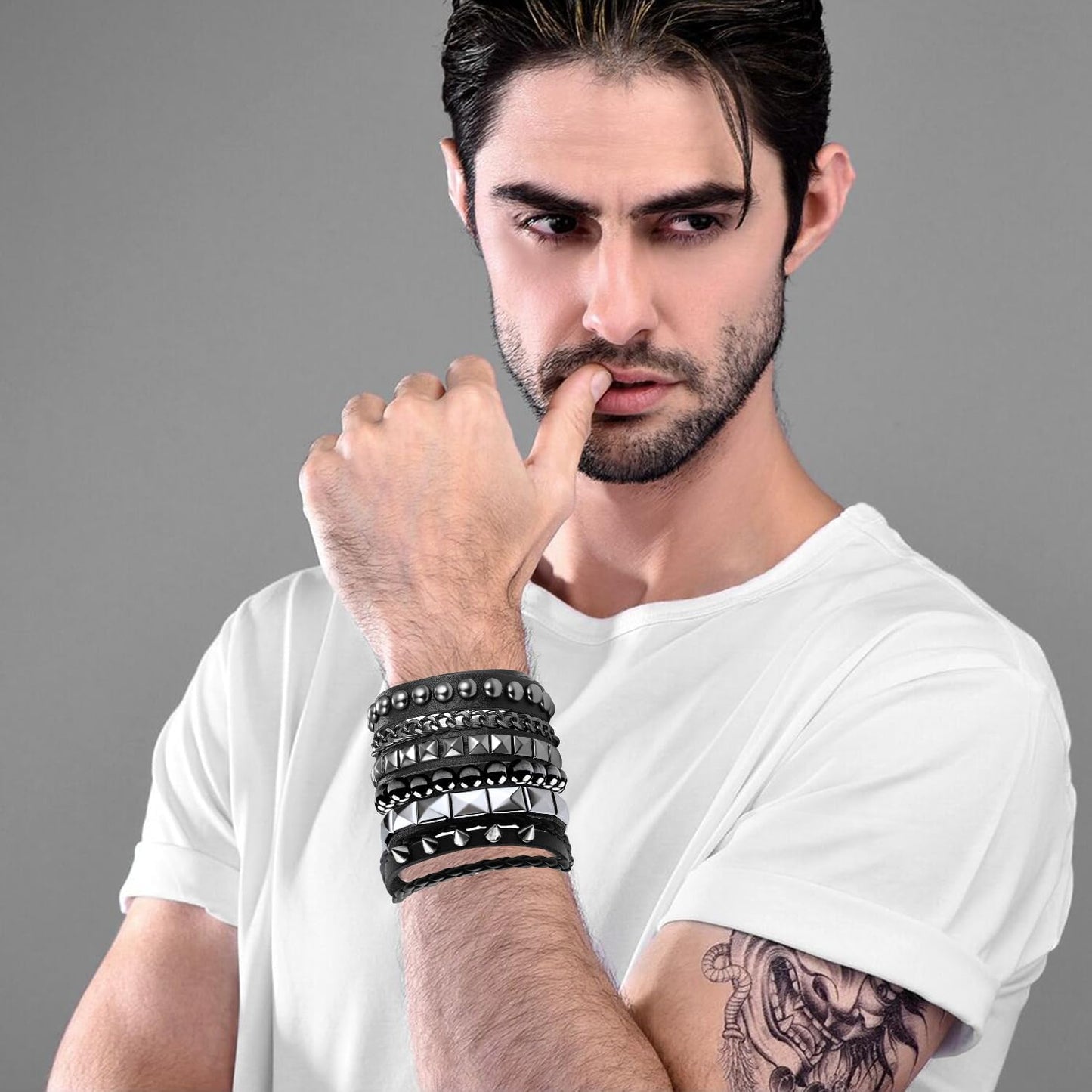 4 Pcs Punk Rock Leather Studded Bracelets for Men Women 80S Gothic Spike Cuff Bracelet Set Emo Accessories for Rocker Outfits