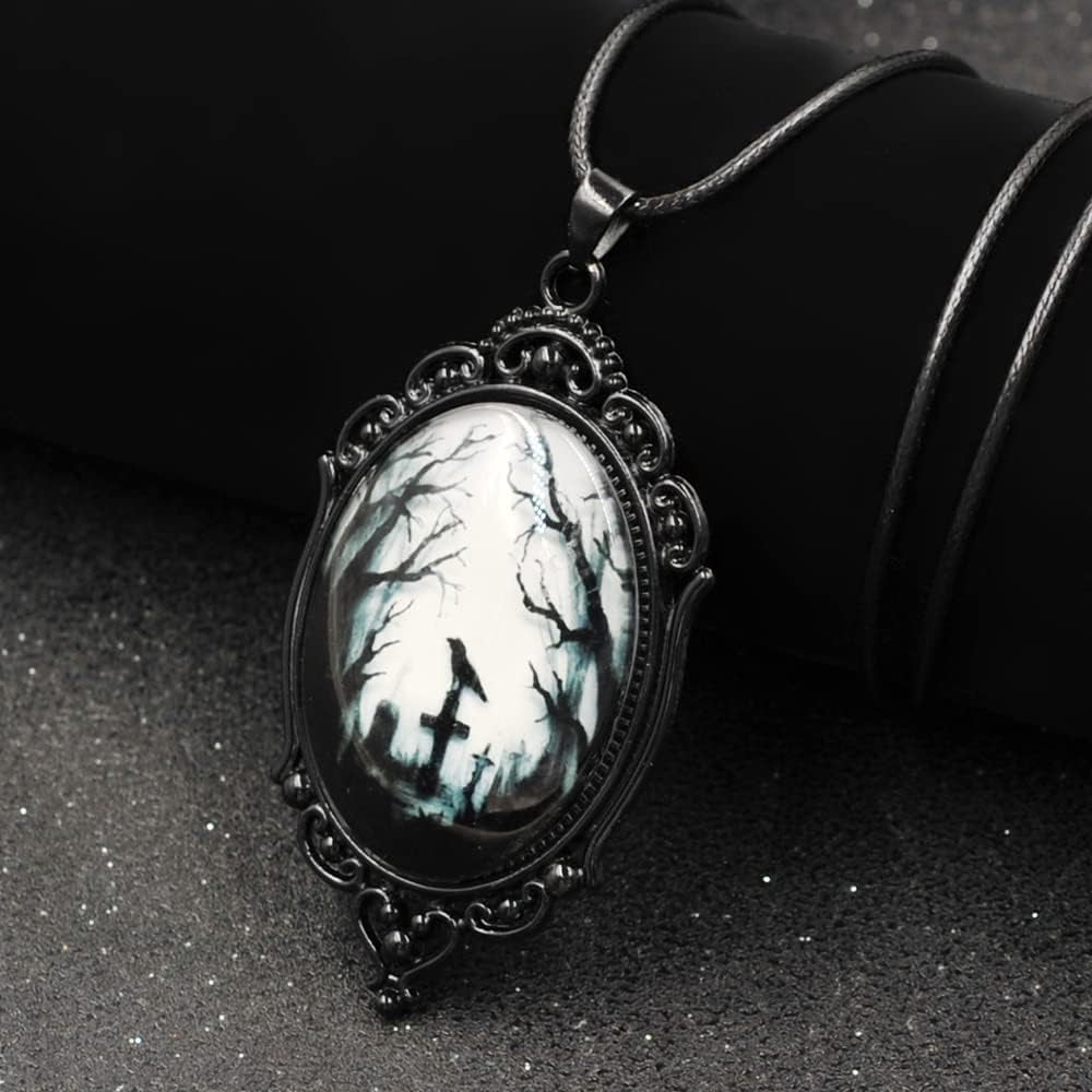 Goth Raven Cameo Necklace - Gothic Crow Pendant, Vintage Halloween Witch Jewelry for Women