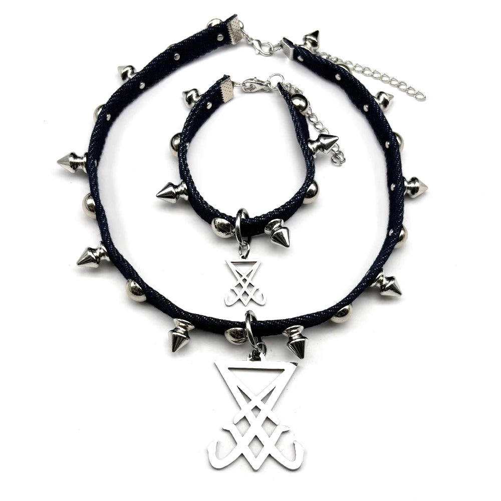 Gothic punk stainless steel choker necklace with satanic sigil and leather chain, featuring Lavey devil design and edgy jewelry style