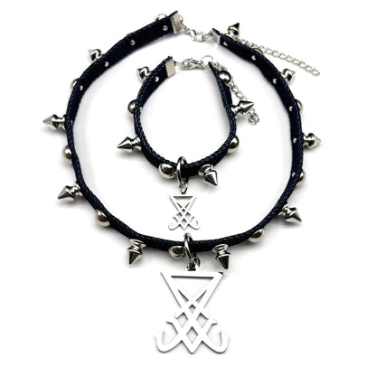 Gothic punk stainless steel choker necklace with satanic sigil and leather chain, featuring Lavey devil design and edgy jewelry style
