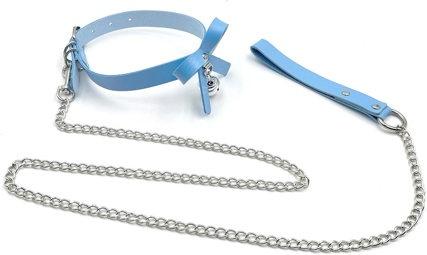 Heavy duty dog leash with bell collar and PU handle, metal chain in baby blue for medium to large pets by Tosmifairy.