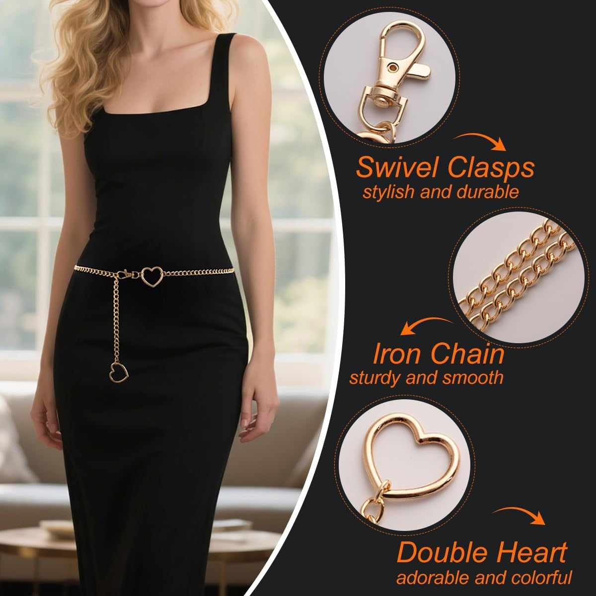 Vintage heart waist chain by FNQUFUJ, adjustable body jewelry with heart design, worn over dresses or jeans.