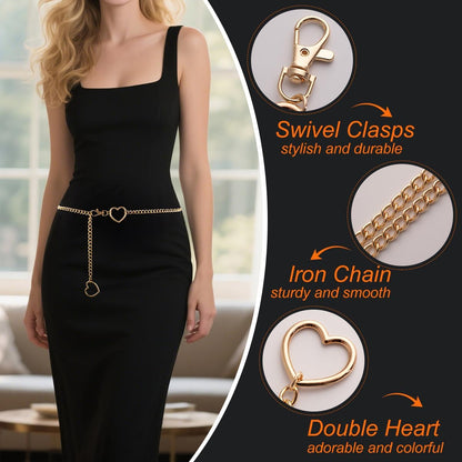 Vintage heart waist chain by FNQUFUJ, adjustable body jewelry with heart design, worn over dresses or jeans.