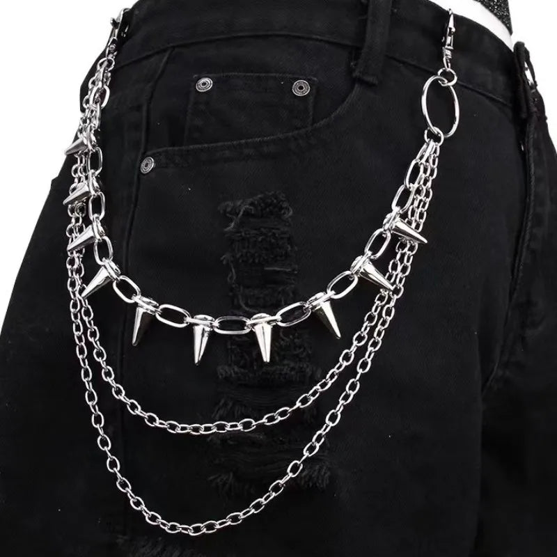 Layered punk spike and chain keychain with metallic spikes and chains, ideal for biker, goth, and edgy fashion accessories.