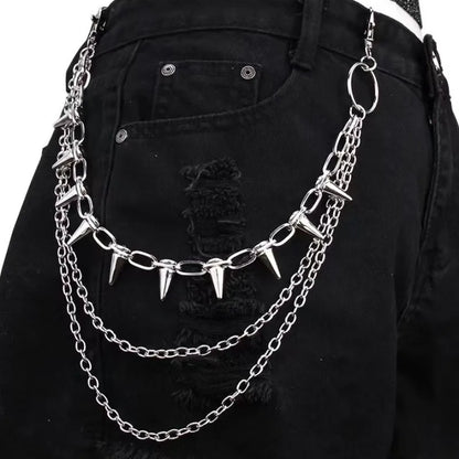 Layered punk spike and chain keychain with metallic spikes and chains, ideal for biker, goth, and edgy fashion accessories.