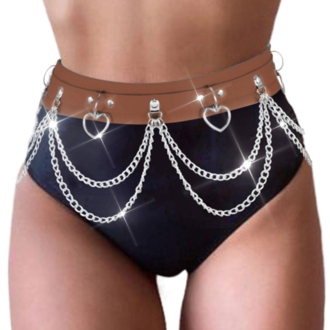 Brown PU leather waist chain belt with heart-shaped design, trendy rave accessory for women and girls, by BODIY.