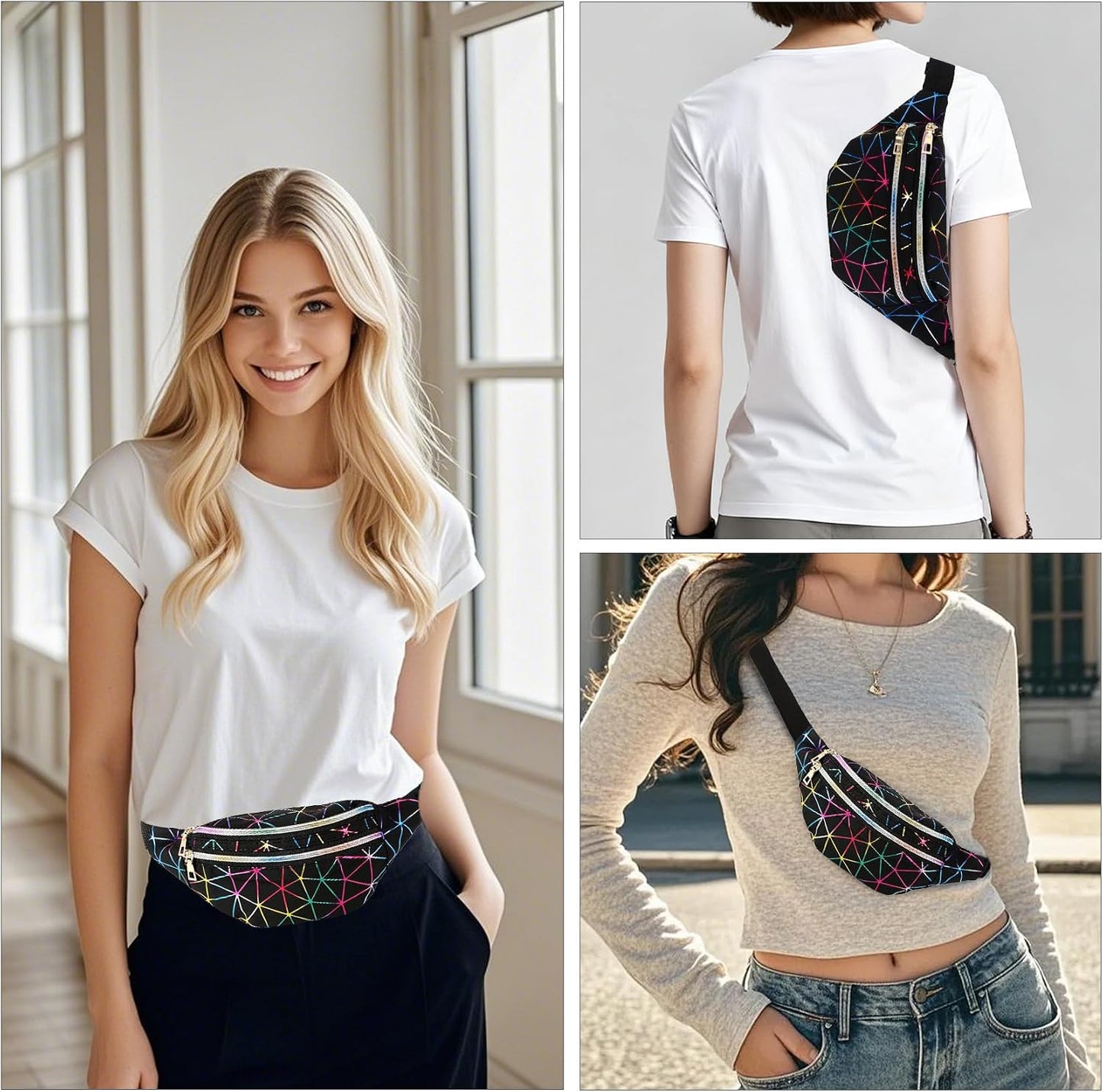 Holographic black fanny pack for women by Bicfuiot, waterproof waist bag with adjustable belt, sparkly design for parties and festivals.