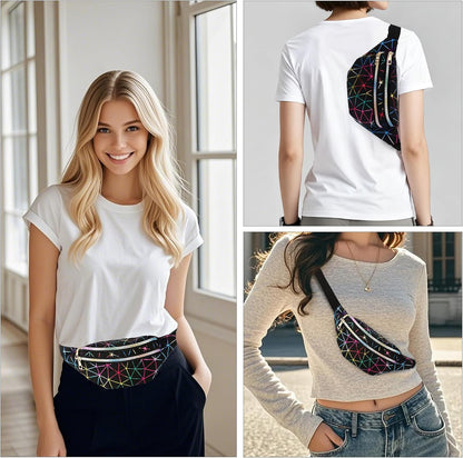 Holographic black fanny pack for women by Bicfuiot, waterproof waist bag with adjustable belt, sparkly design for parties and festivals.