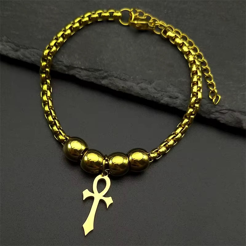Gothic Egyptian Ankh necklace in stainless steel with black finish, featuring the Key of Life amulet, religious jewelry accessory.