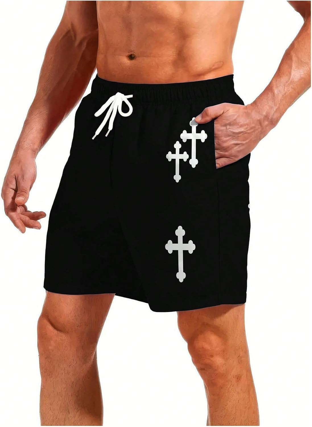 Men's goth cross graphic workout shorts by VIPWOLF, featuring a drawstring waist and sporty design for running and training.