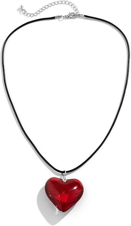 Red Heart Necklace, Chunky Puffy Heart Choker Necklaces for Women, Big Glass Heart Pendant Necklace Y2K Trendy Jewelry Accessories (Red Heart)