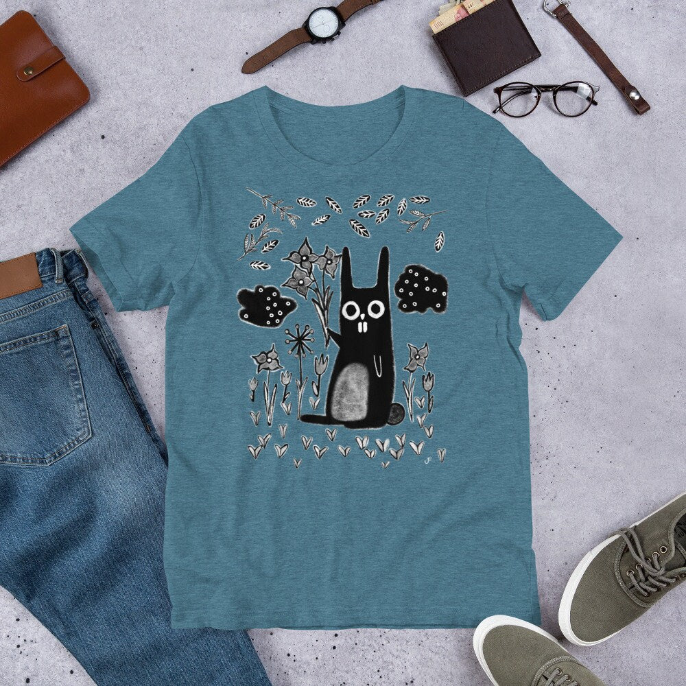 Whimsical garden rabbit t-shirt by PressureDen.store featuring a quirky gothic emo design, perfect for birthdays or housewarmings.