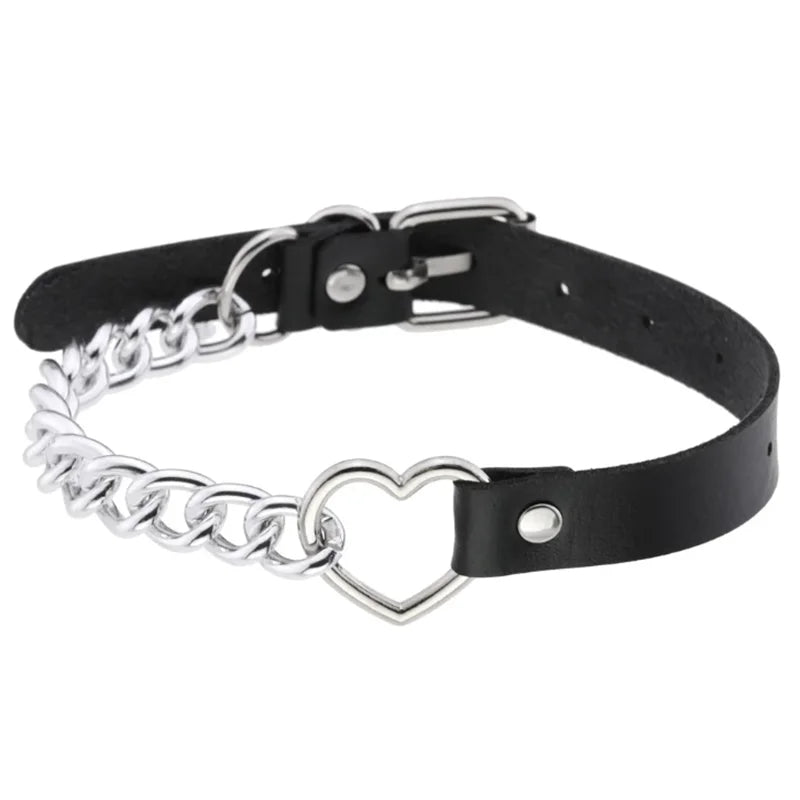 Black PU leather choker with heart rivets, Y2K goth punk style, trendy necklace for girls, featuring bold, edgy details.