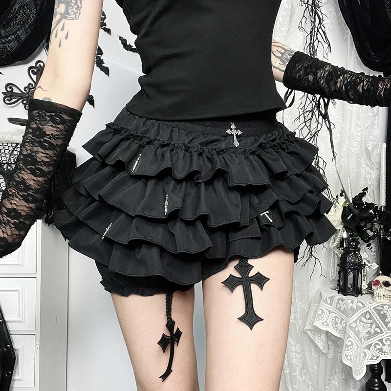 Y2K goth plaid pleated mini skirt for women, high-waisted summer streetwear with kawaii Harajuku aesthetic, by PressureDen.