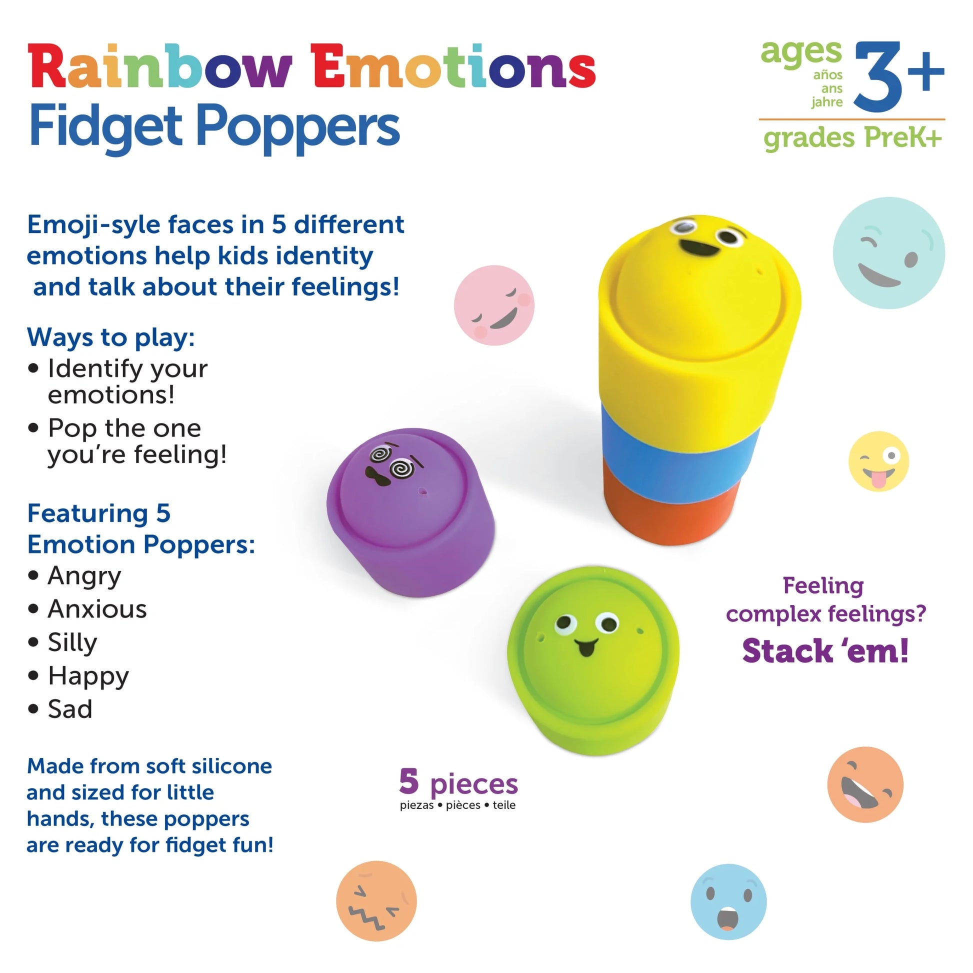 Rainbow Emotion Fidget Poppers - Fun Sensory Toy for Social-Emotional Learning, Perfect for Ages 3+