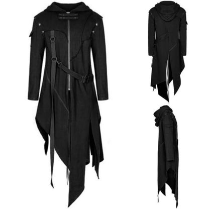 Black punk hooded jacket with edgy goth and dieselpunk style, featuring distressed details and a dystopian-inspired design for men.