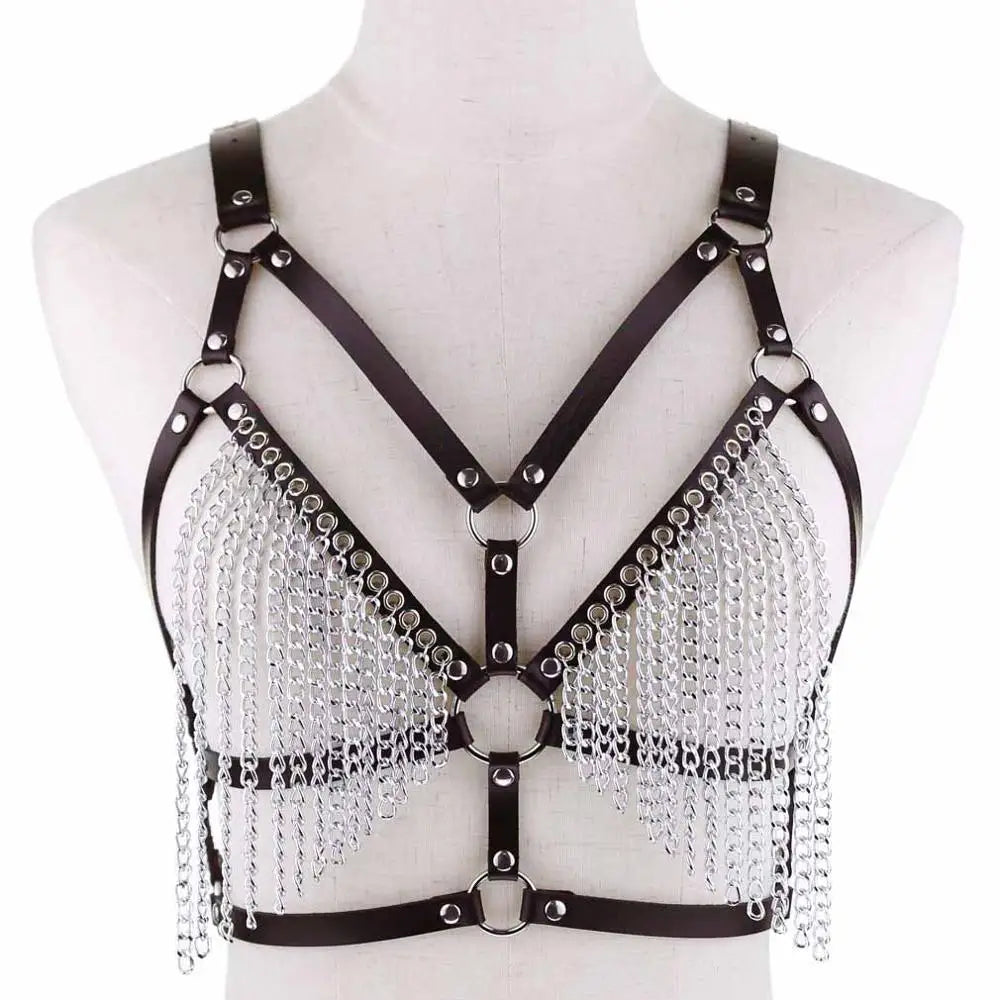 Leather Chain Harness Body Chain Bra Goth Punk Sexy Chain Top Women Body Jewelry Summer Festival Fashion Rave Outfit