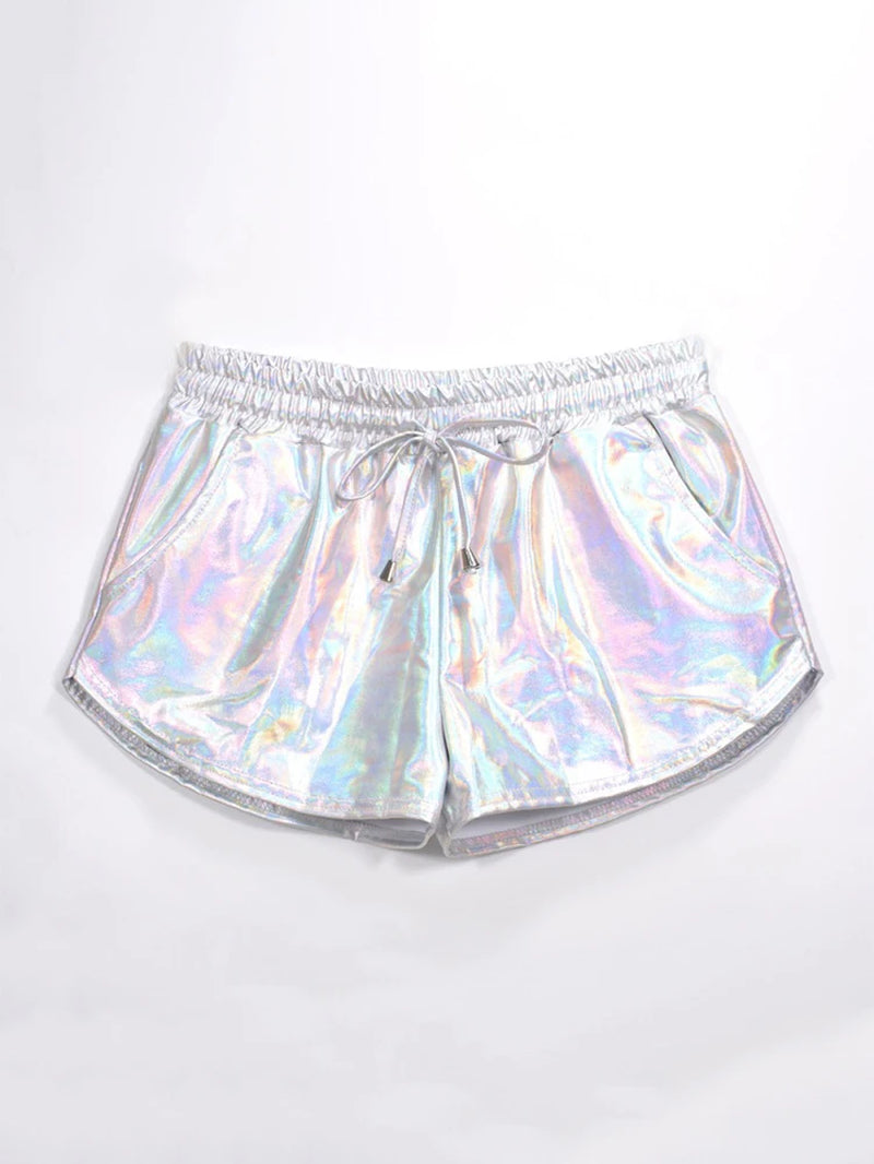 Summer Festival Ready: Women's Holographic Metallic Elastic Drawstring Shorts for Effortless Style