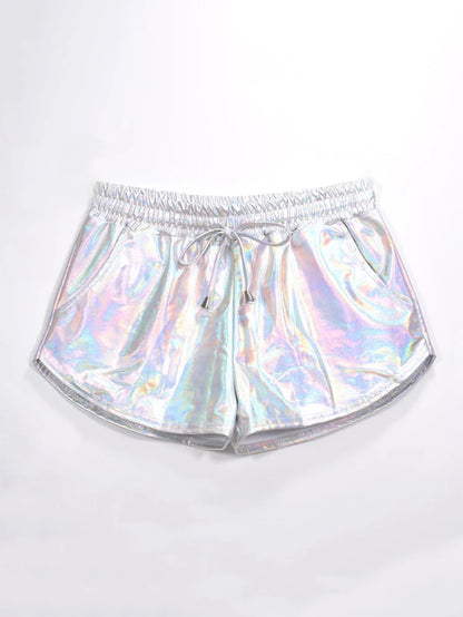 Summer Festival Ready: Women's Holographic Metallic Elastic Drawstring Shorts for Effortless Style
