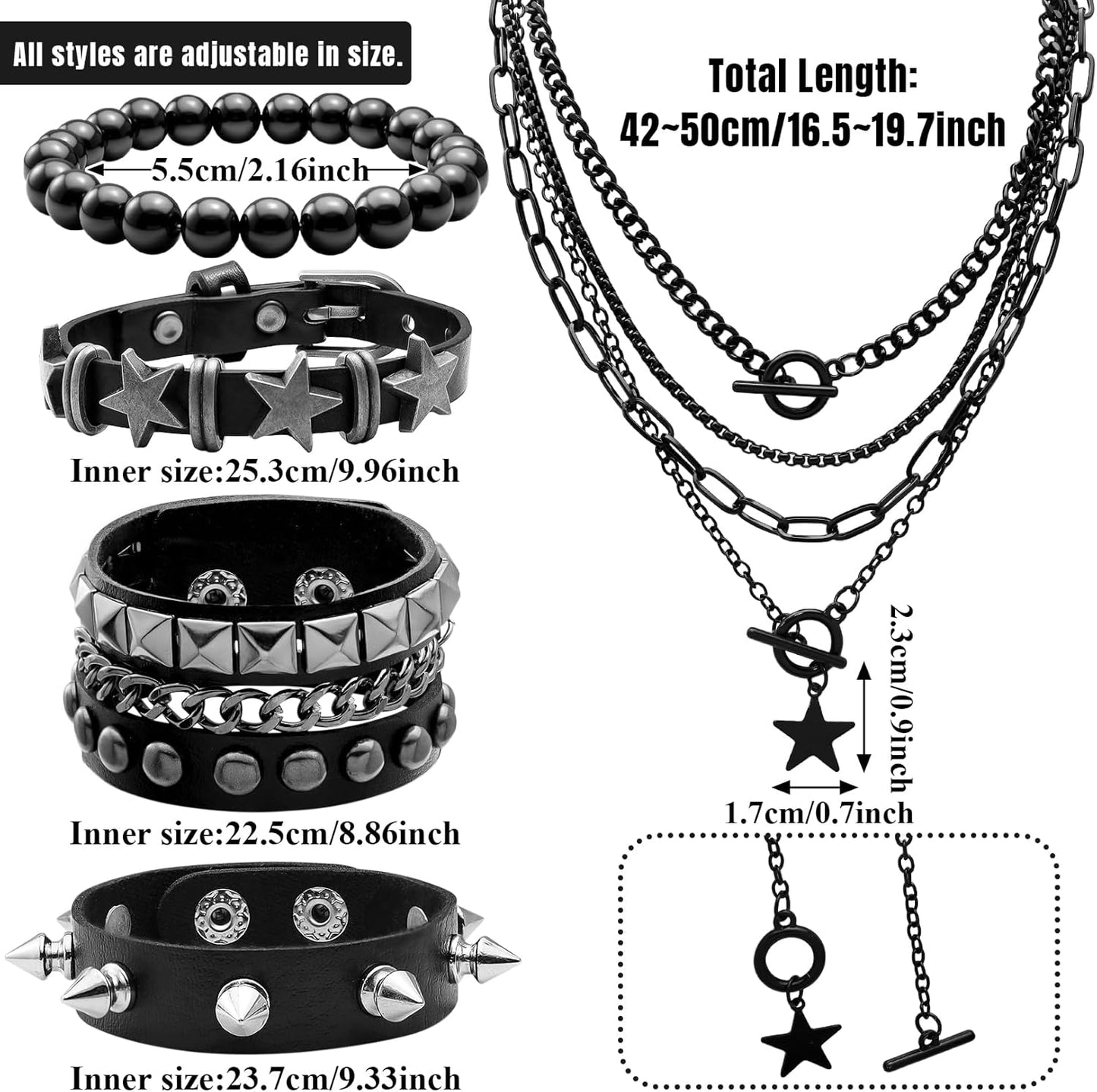 Layered star grunge emo jewelry set with bracelets and necklace, featuring gothic punk accessories for Y2K style fans.