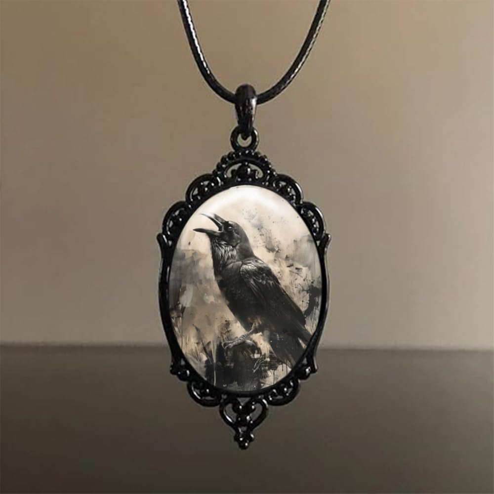 Goth Raven Cameo Necklace - Gothic Crow Pendant, Vintage Halloween Witch Jewelry for Women