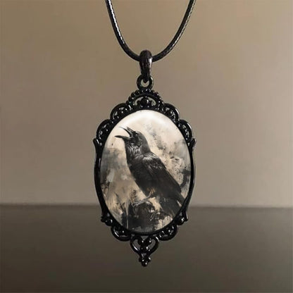 Goth Raven Cameo Necklace - Gothic Crow Pendant, Vintage Halloween Witch Jewelry for Women