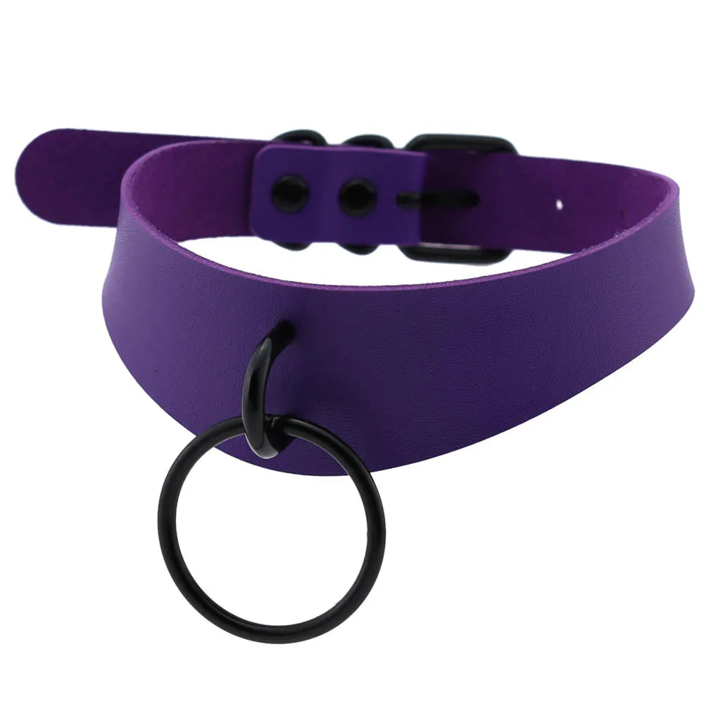 Purple goth leather choker necklace with black rivets and metal chain, edgy emo punk style for unisex Harajuku, Halloween, and Y2K cosplay.