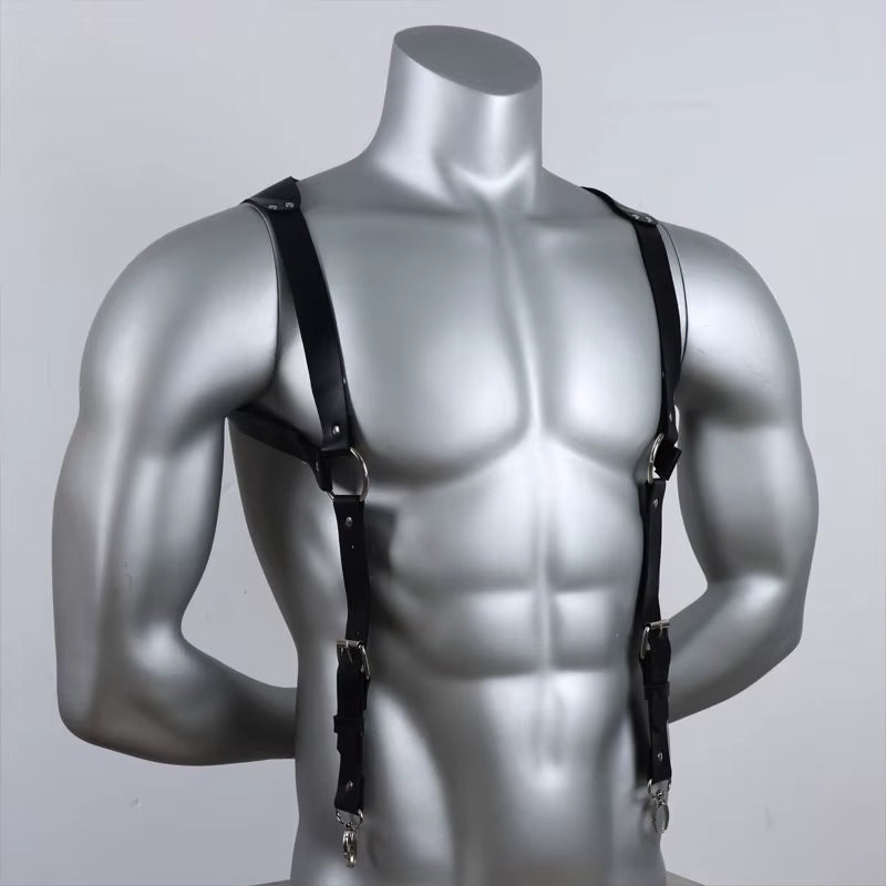 Punk Black Leather Chest Suspenders for Men - Adjustable Buckle Shoulder Straps for Club, Party, and Rave Costumes
