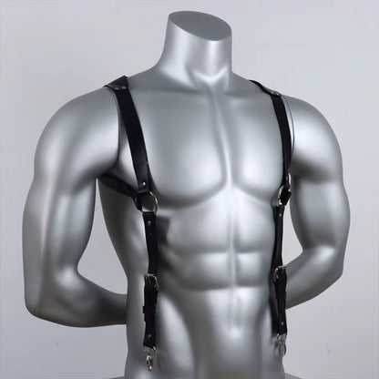 Punk Black Leather Chest Suspenders for Men - Adjustable Buckle Shoulder Straps for Club, Party, and Rave Costumes
