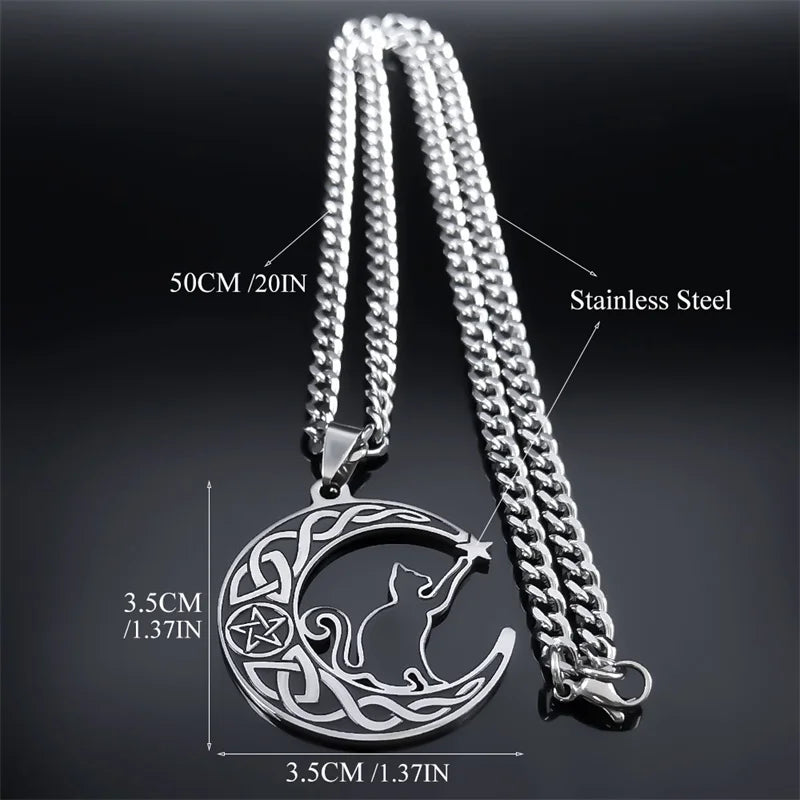 Gothic cat crescent moon necklace with pentagram and Celtic knot design in stainless steel, witch jewelry for women.