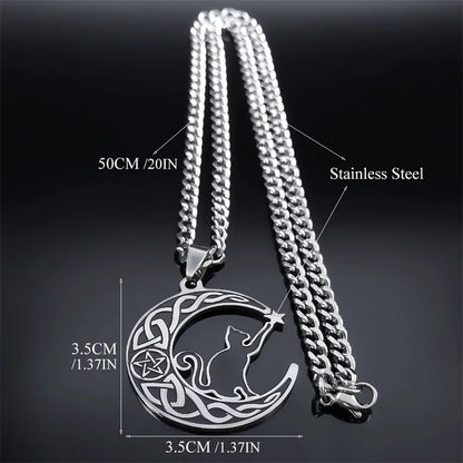 Gothic cat crescent moon necklace with pentagram and Celtic knot design in stainless steel, witch jewelry for women.