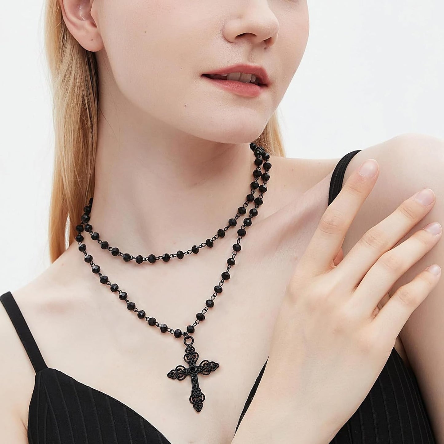 Layered Gothic cross necklace by Haceolhada featuring a punk choker design for women, ideal for Halloween, Christmas, and New Year.